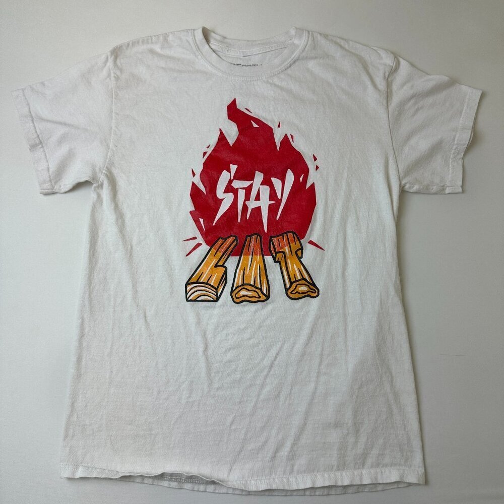 3Forty Inc Shirt Mens Medium White Stay Lit Campfire Graphic Tee Fire Flame